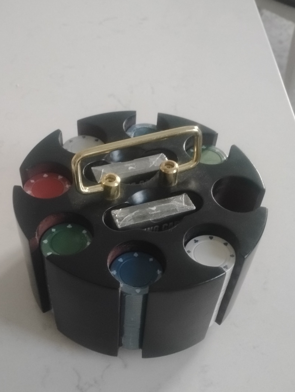 Brown Wood Rotating Poker Chip Carousel with Gold Handle